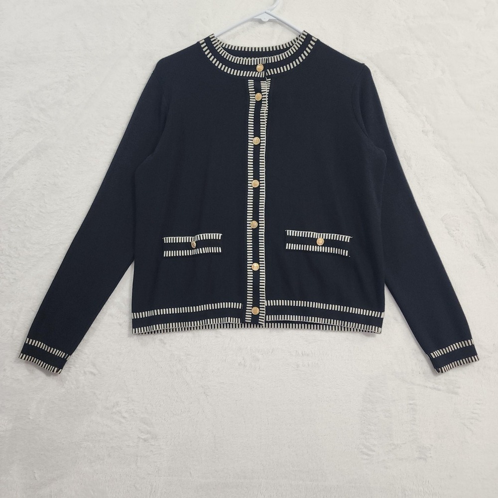 Adrianna Papell Sweater Womens S‎ Black Cream Crew Neck Cardigan Gold Buttons